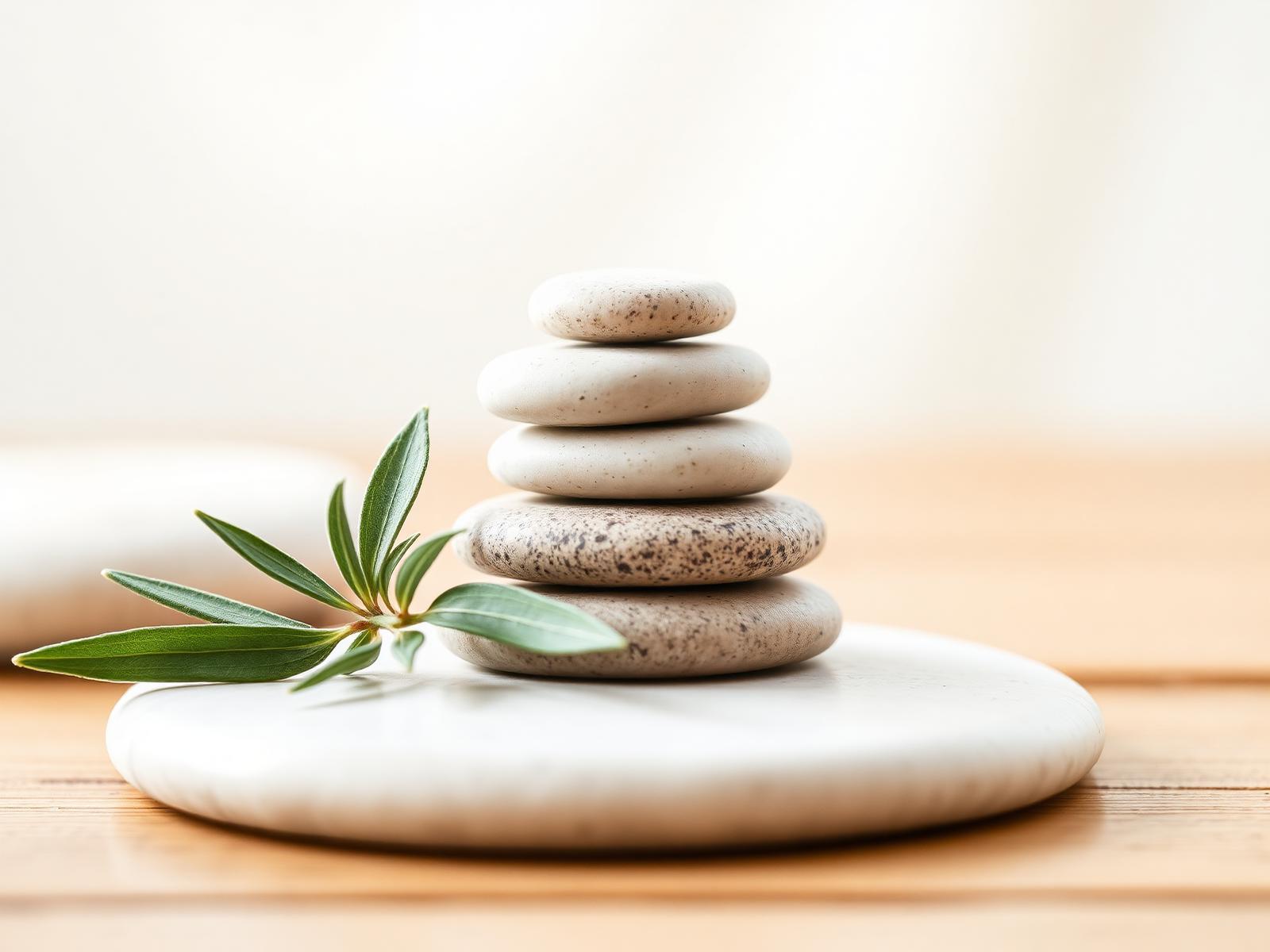 River stones stacked beside fresh sage leaves